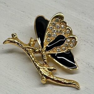 Butterfly Black Gold With Rhinestones Costume Jewelry Brooch